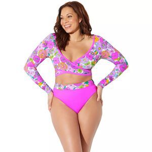 NWT Swimsuits for All Floral Bright Pink Wrap Front Bikini Top & Bottom Set NEW